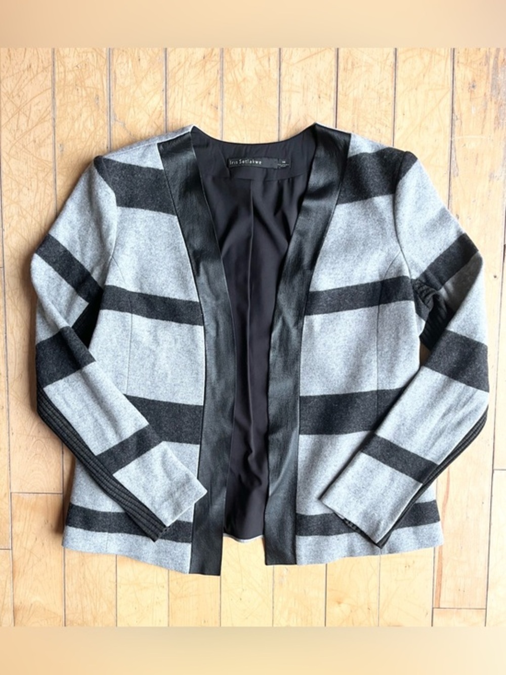 Iris Setlakwe Wool Striped Open-Front Jacket with Real Leather Trim (Size 14)